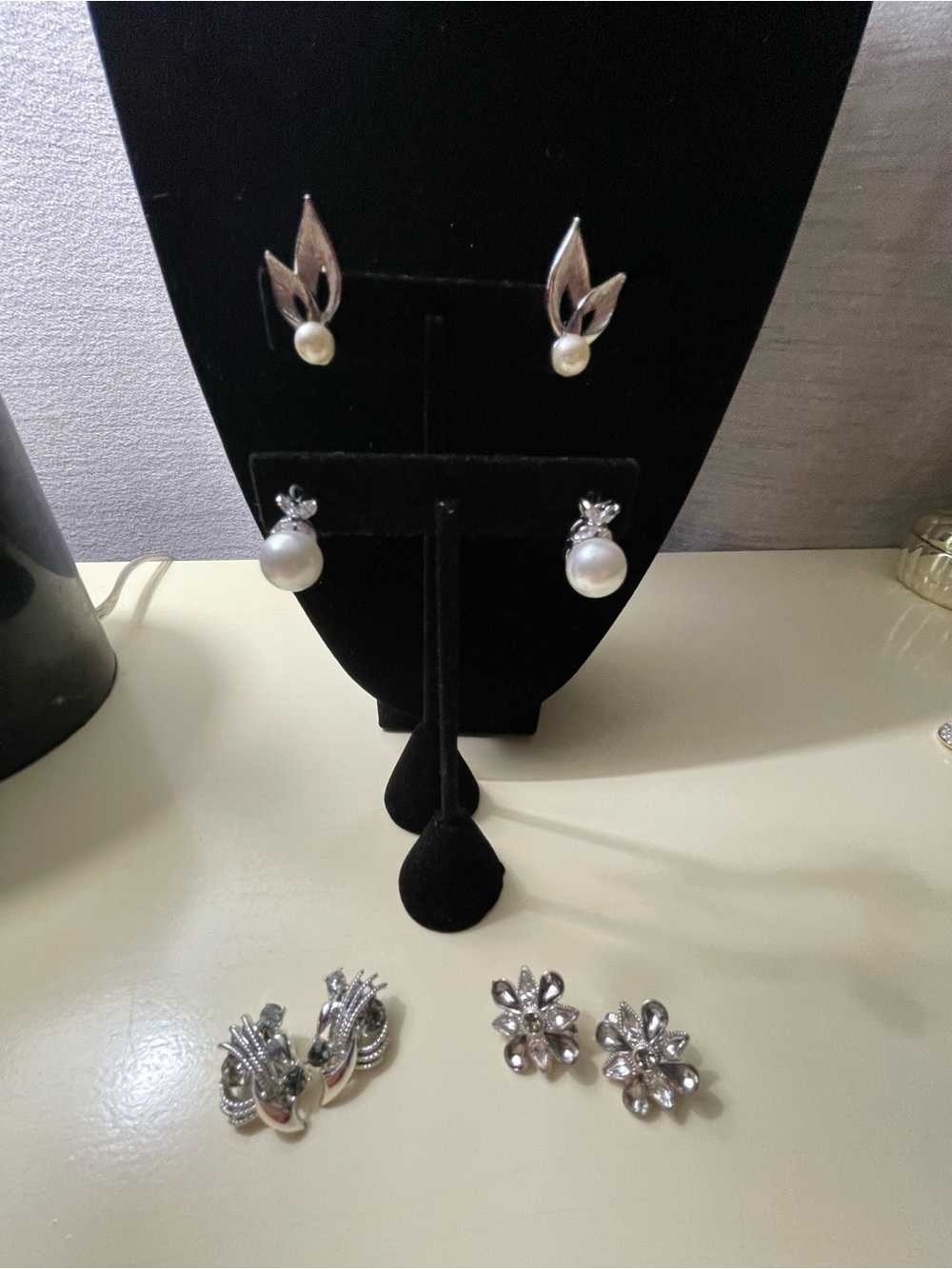 Elegant White Pearl Drop Earrings with Silver Accents and Austrian Crystal Clip